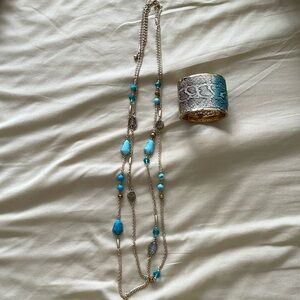White House black market gold and turquoise necklace and cuff bracelet